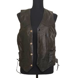 Leather Lace-Up Snap Front Moto Vest Sz Med Vintage